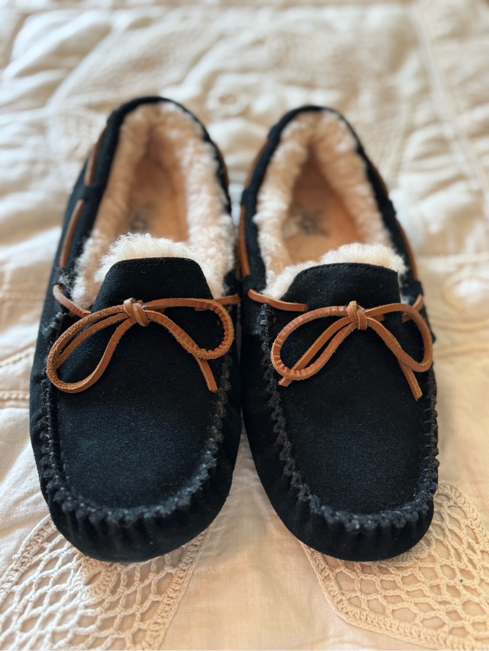 Women’s Black Dakota UGG Moccasin Slippers with Tan Leather Accent